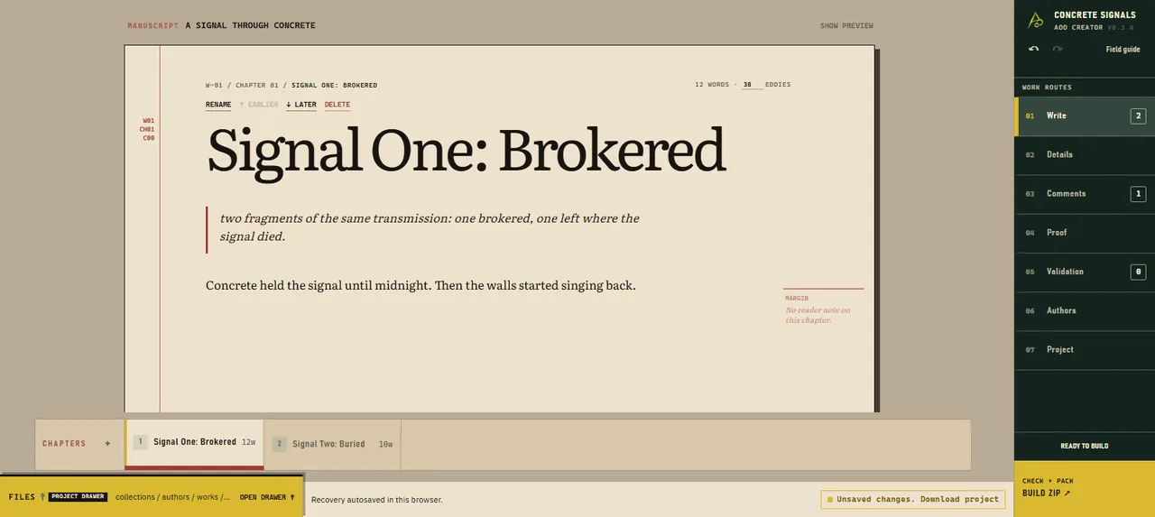 The AOO Creator editing a collection called Concrete Signals, with a chapter list, manuscript and a Ready to build indicator.